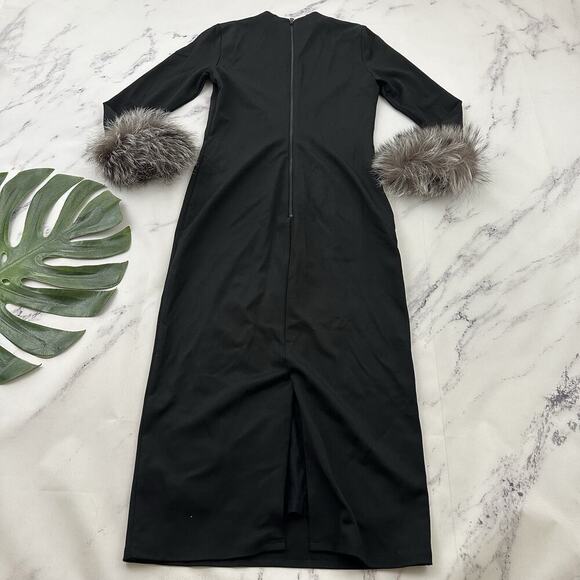 Alice & Olivia Delora Fox Fur Cuff Midi Dress Size 6 Black Gray Wiggle Fitted - Picture 9 of 12